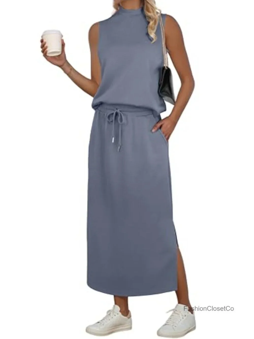 Sleeveless Mock Neck Crop Top & Split Maxi Skirt Set with Pockets